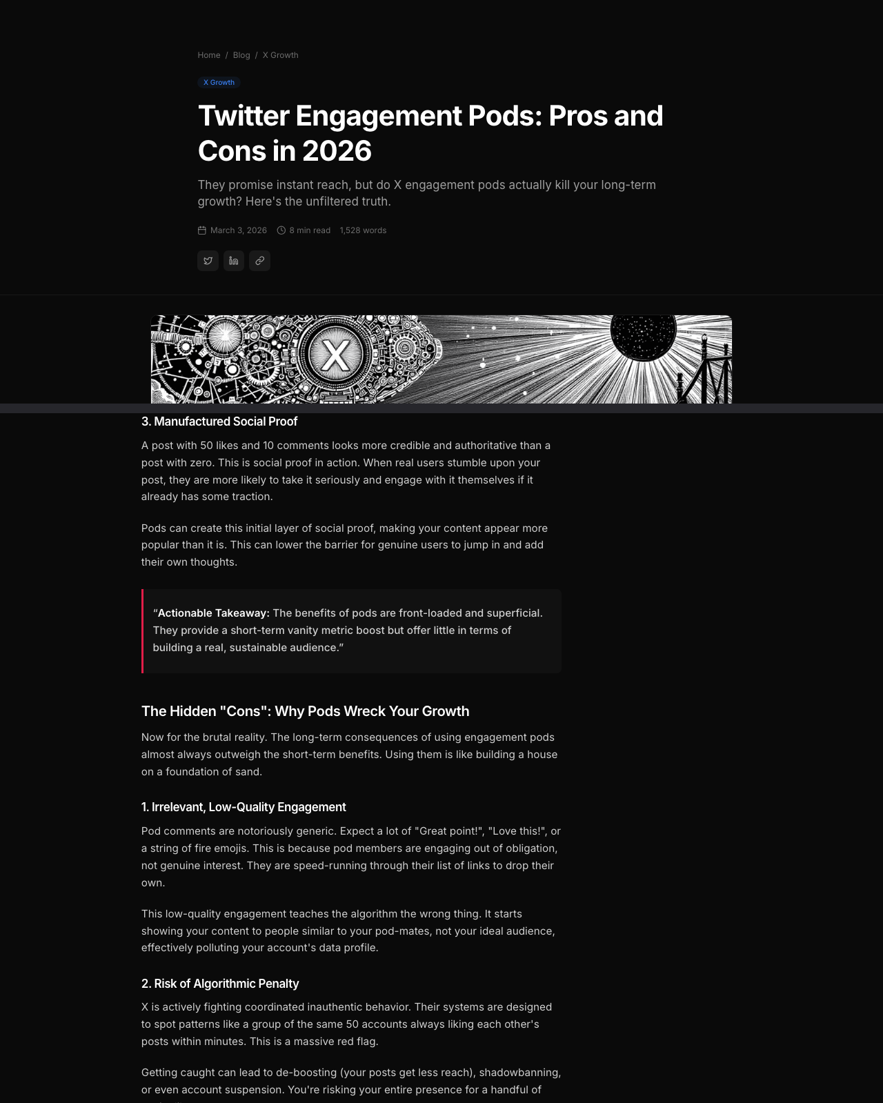 xpatla.com blog post: Twitter Engagement Pods: Pros and Cons in 2026 — warning that pods risk shadowbanning and account suspension