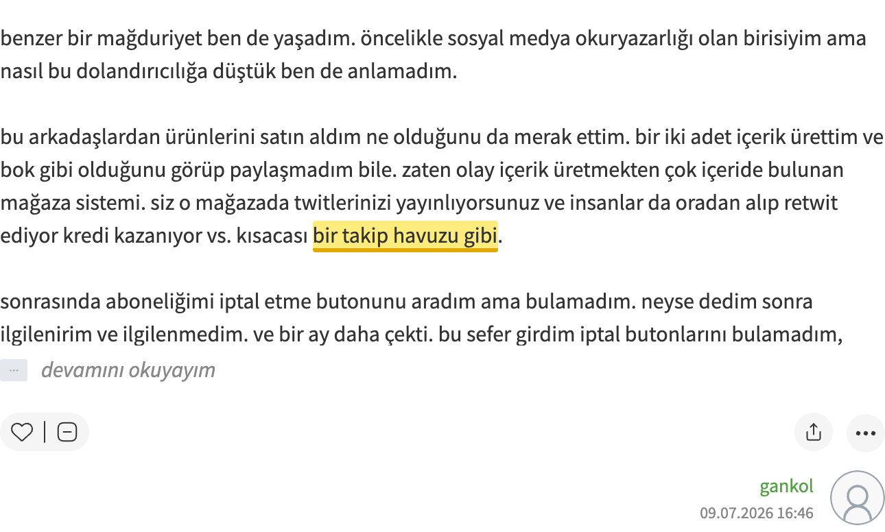 Ekşi Sözlük — gankol, Circle 'like a follow pool' and continued billing