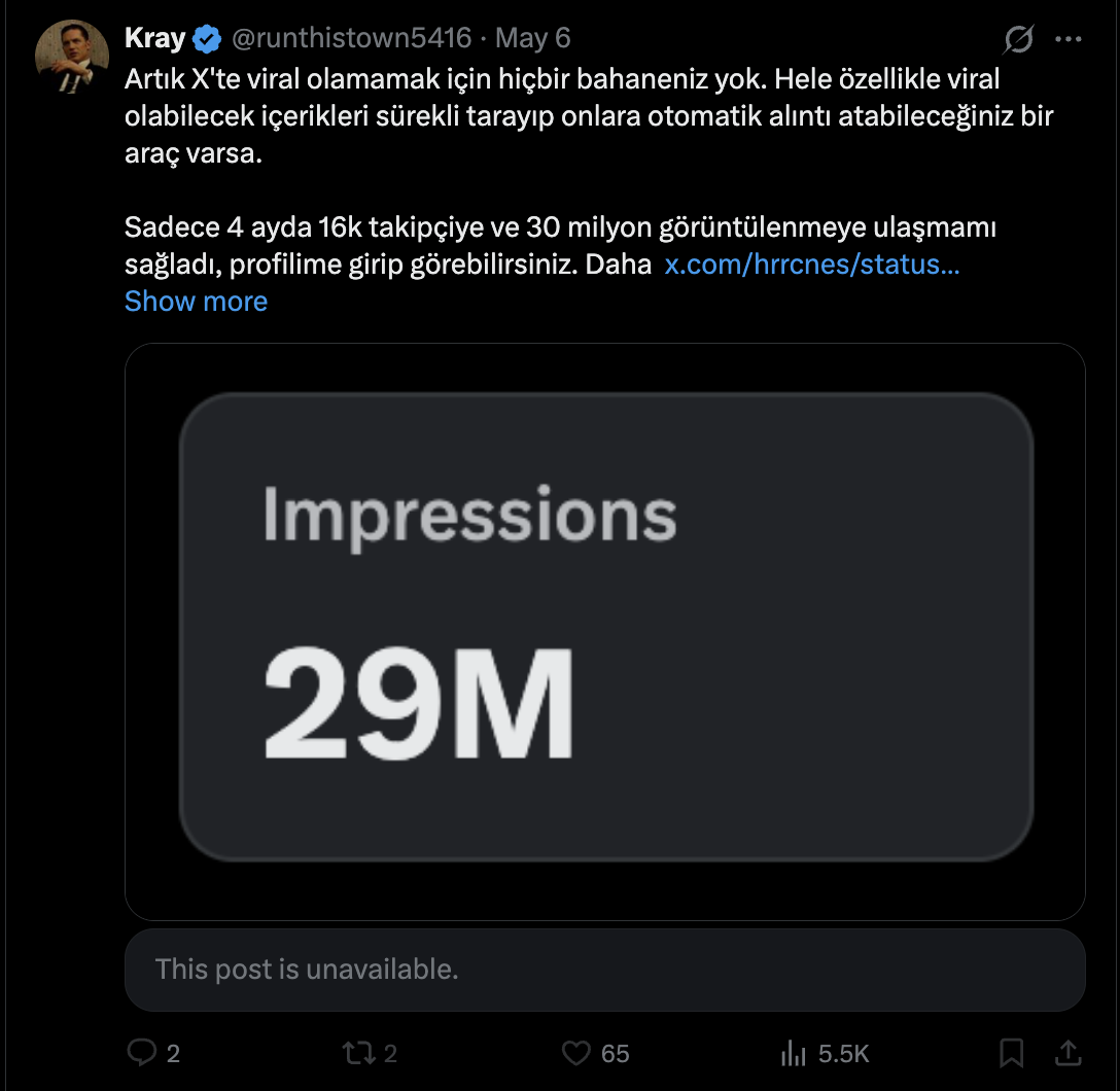 @runthistown5416: auto-quote tool; 16k followers and 29-30M impressions in 4 months