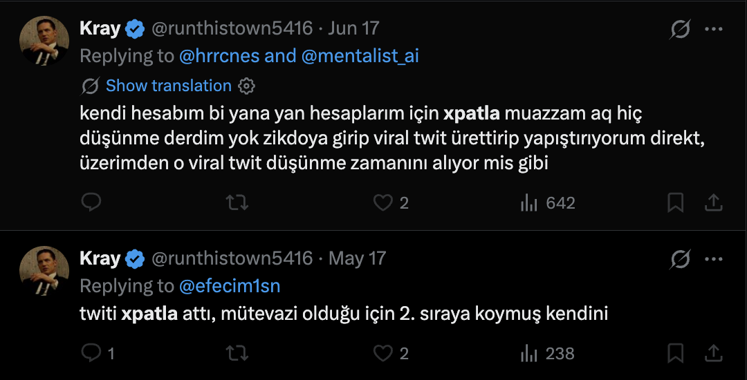 @runthistown5416: using xpatla to mass-produce viral tweets for side accounts; 'xpatla posted the tweet'