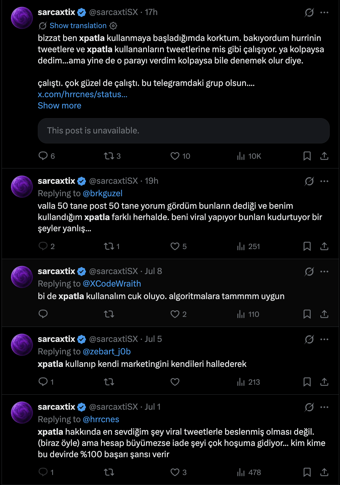 @sarcaxtiSX: repeated, unlabelled xpatla praise under many different accounts